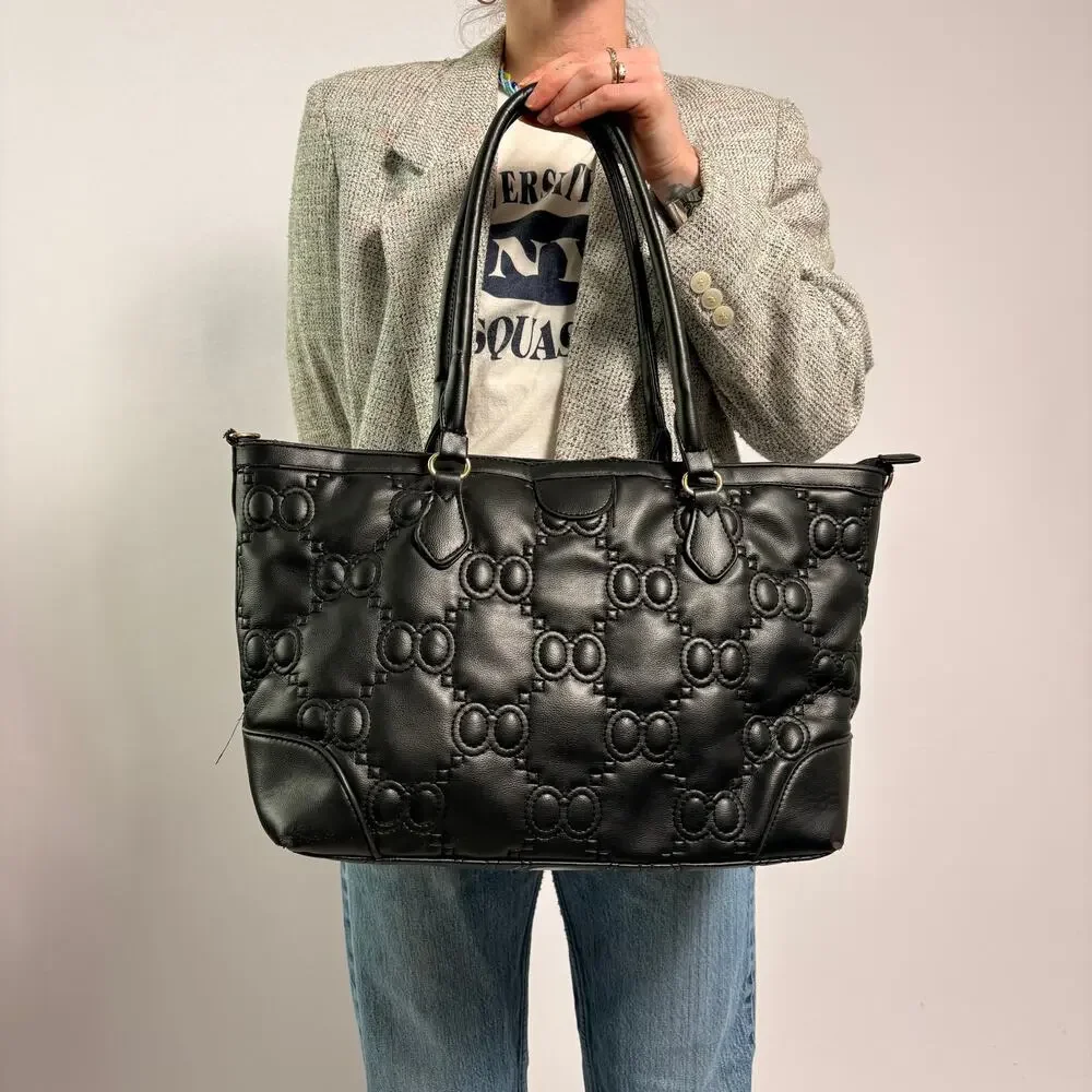 Black Quilted Logo Vegan Leather Tote - Spacious